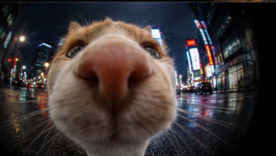 Curious cat pressing its nose to the camera on a neon-lit city street at night
