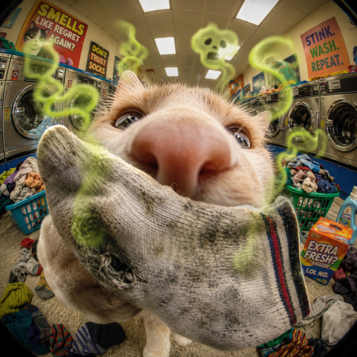 Curious cat sniffing a dirty sock in a laundromat surrounded by green stink swirls